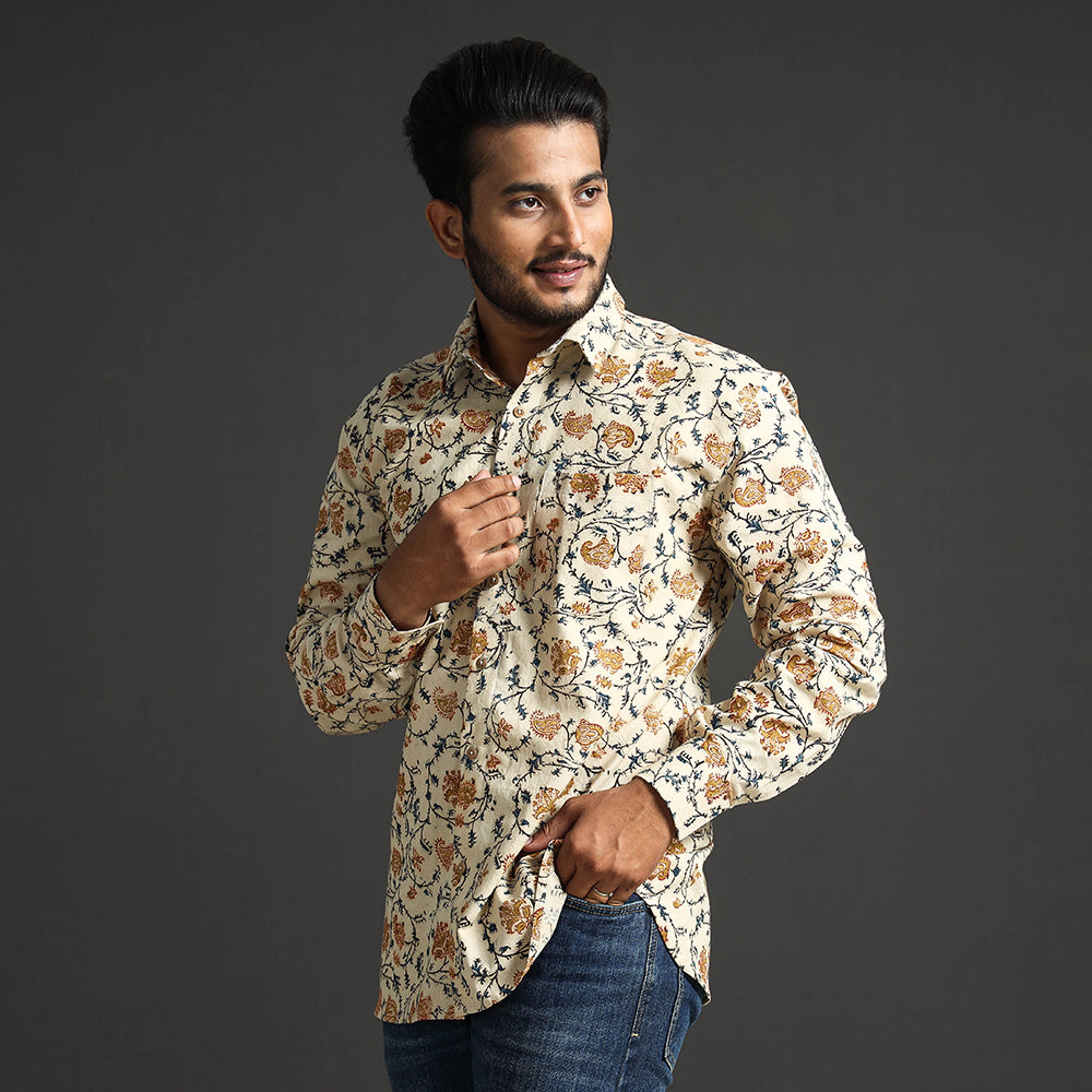 Beige - Premium Pedana Kalamkari Block Printed Cotton Men Full Sleeve Shirt