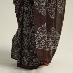 Brown - Mul Cotton Hand Batik Print Saree