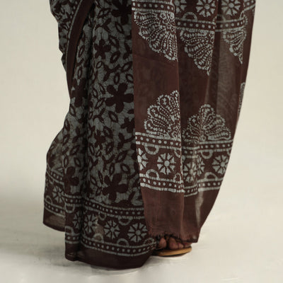 Brown - Mul Cotton Hand Batik Print Saree