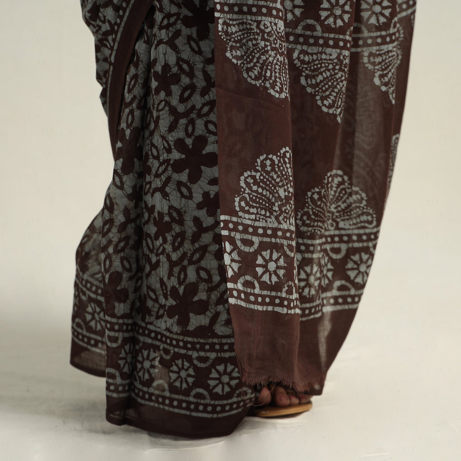 Brown - Mul Cotton Hand Batik Print Saree