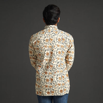 Beige - Premium Pedana Kalamkari Block Printed Cotton Men Full Sleeve Shirt