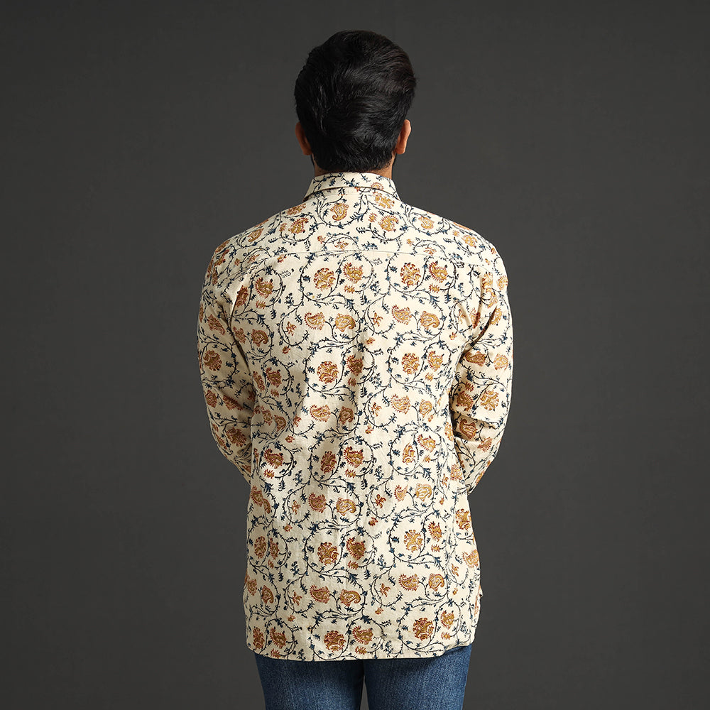 Beige - Premium Pedana Kalamkari Block Printed Cotton Men Full Sleeve Shirt