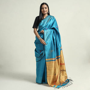 Blue - Bhagalpuri Pure Desi Tussar Silk Handloom Saree with Zari Border