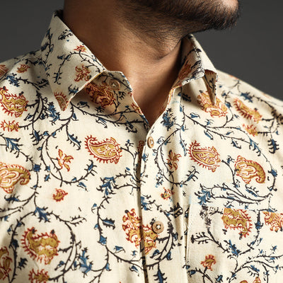 Beige - Premium Pedana Kalamkari Block Printed Cotton Men Full Sleeve Shirt