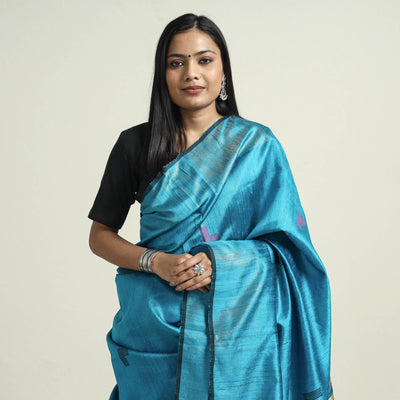 Blue - Bhagalpuri Pure Desi Tussar Silk Handloom Saree with Zari Border