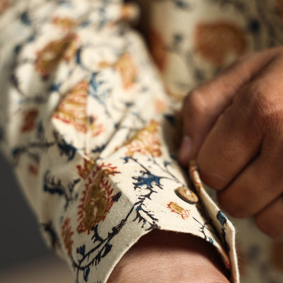 Beige - Premium Pedana Kalamkari Block Printed Cotton Men Full Sleeve Shirt