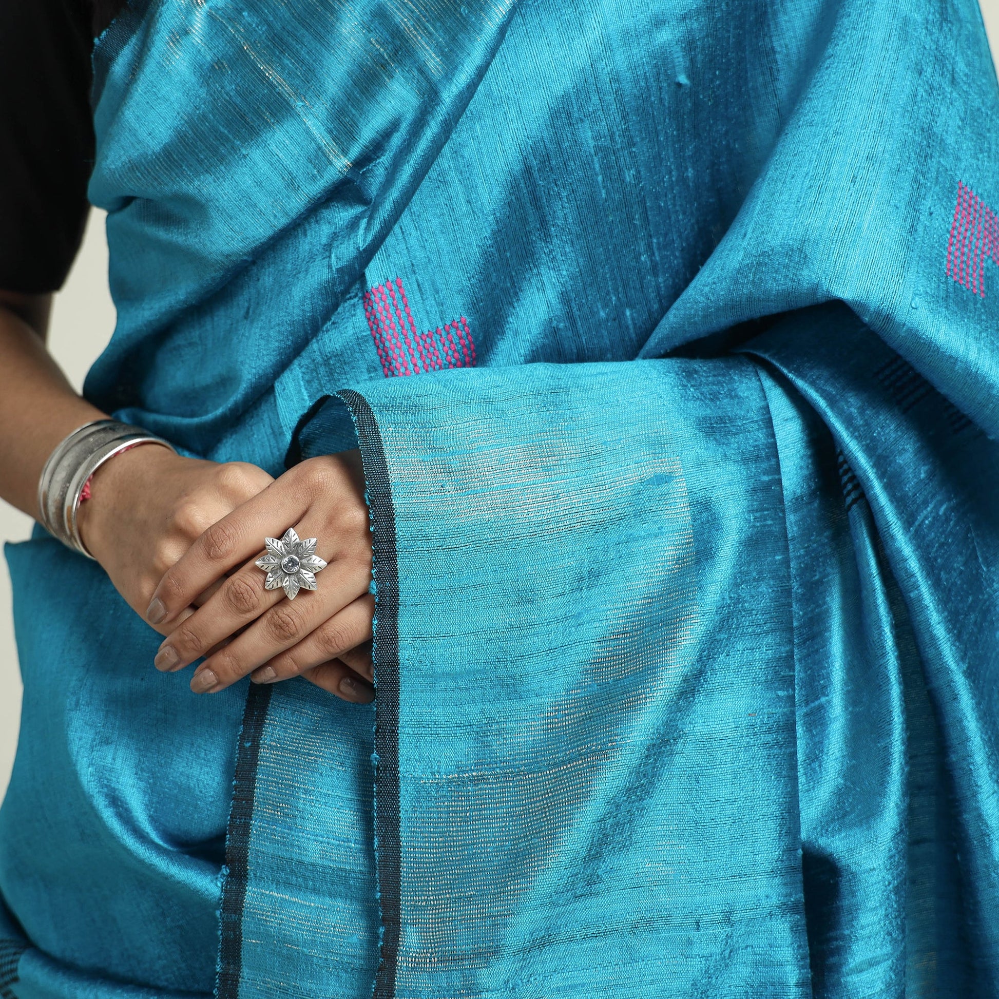 Blue - Bhagalpuri Pure Desi Tussar Silk Handloom Saree with Zari Border