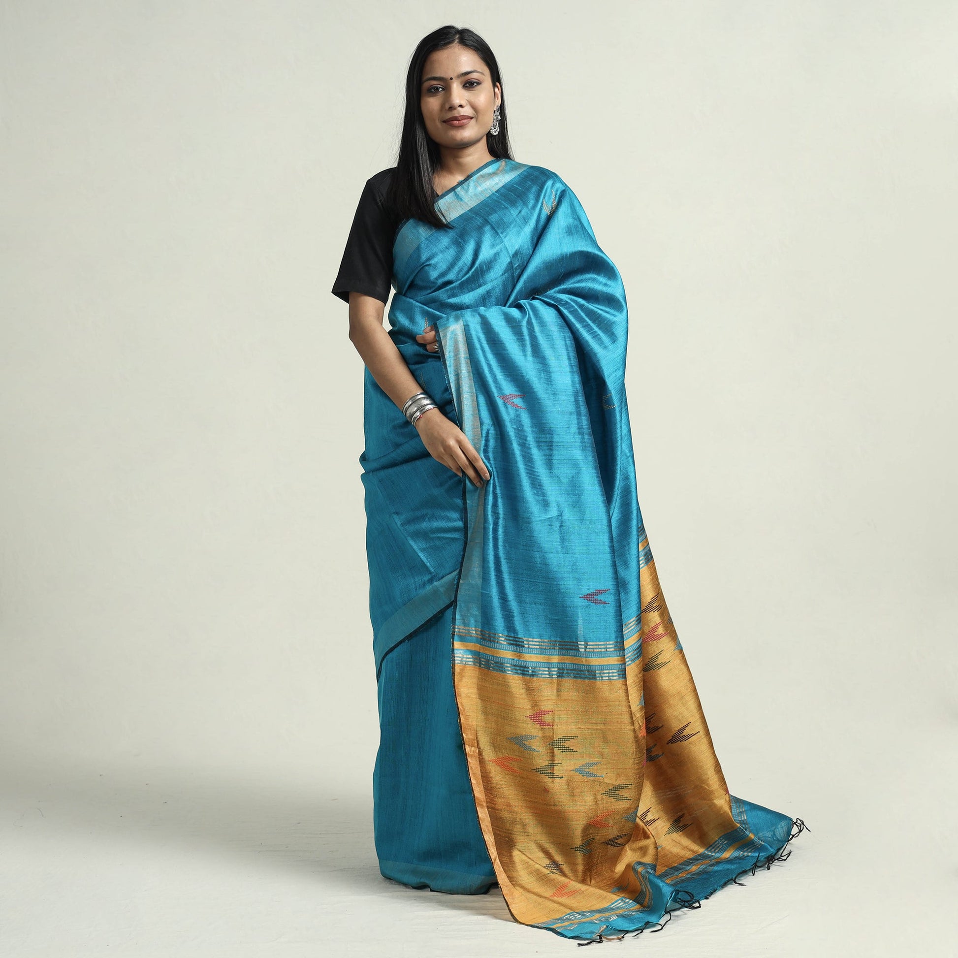 Blue - Bhagalpuri Pure Desi Tussar Silk Handloom Saree with Zari Border
