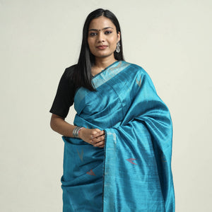 Blue - Bhagalpuri Pure Desi Tussar Silk Handloom Saree with Zari Border