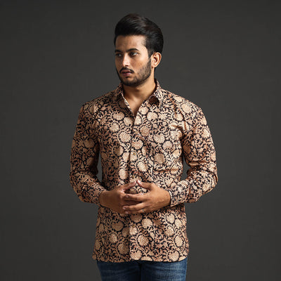 Black - Premium Pedana Kalamkari Block Printed Cotton Men Full Sleeve Shirt