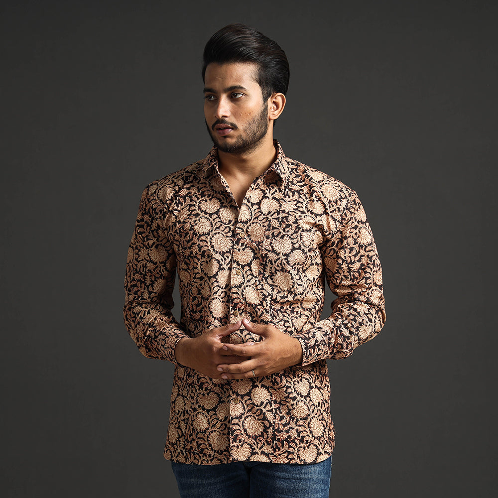 Black - Premium Pedana Kalamkari Block Printed Cotton Men Full Sleeve Shirt