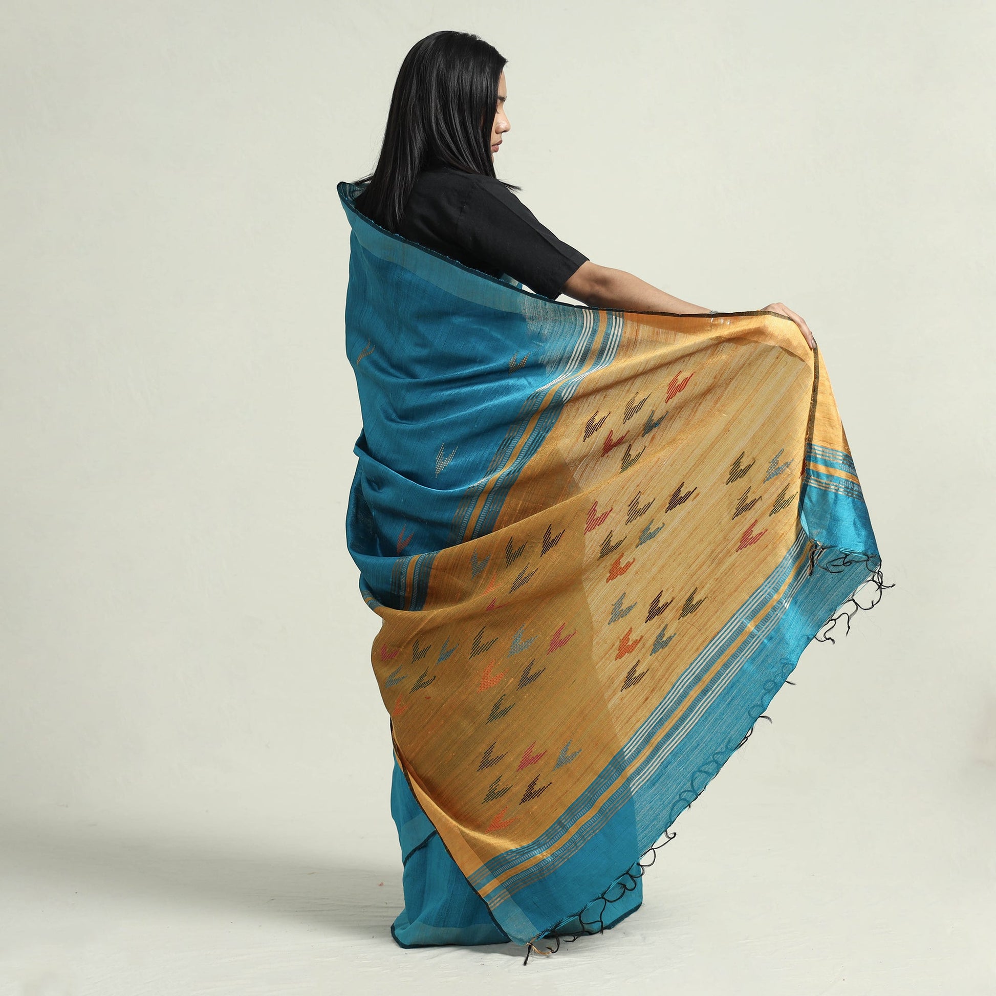 Blue - Bhagalpuri Pure Desi Tussar Silk Handloom Saree with Zari Border