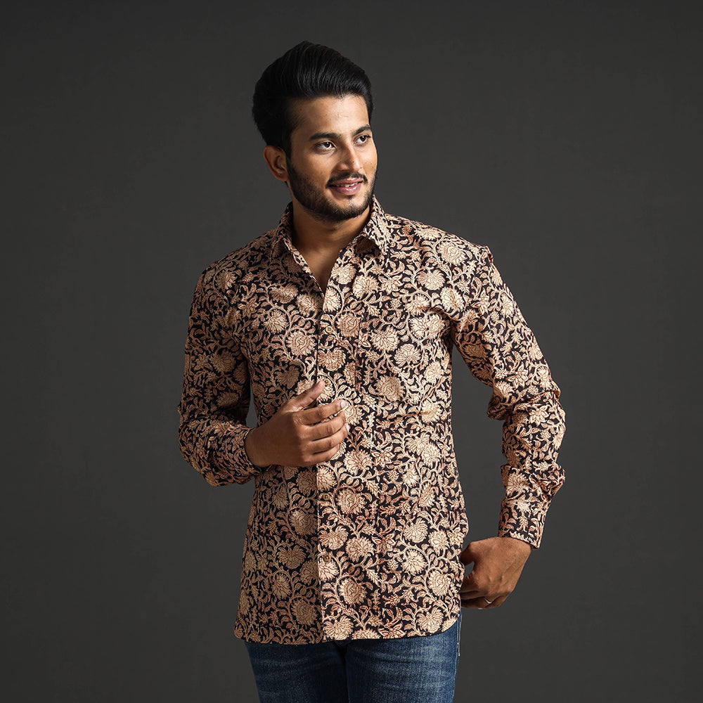 Black - Premium Pedana Kalamkari Block Printed Cotton Men Full Sleeve Shirt
