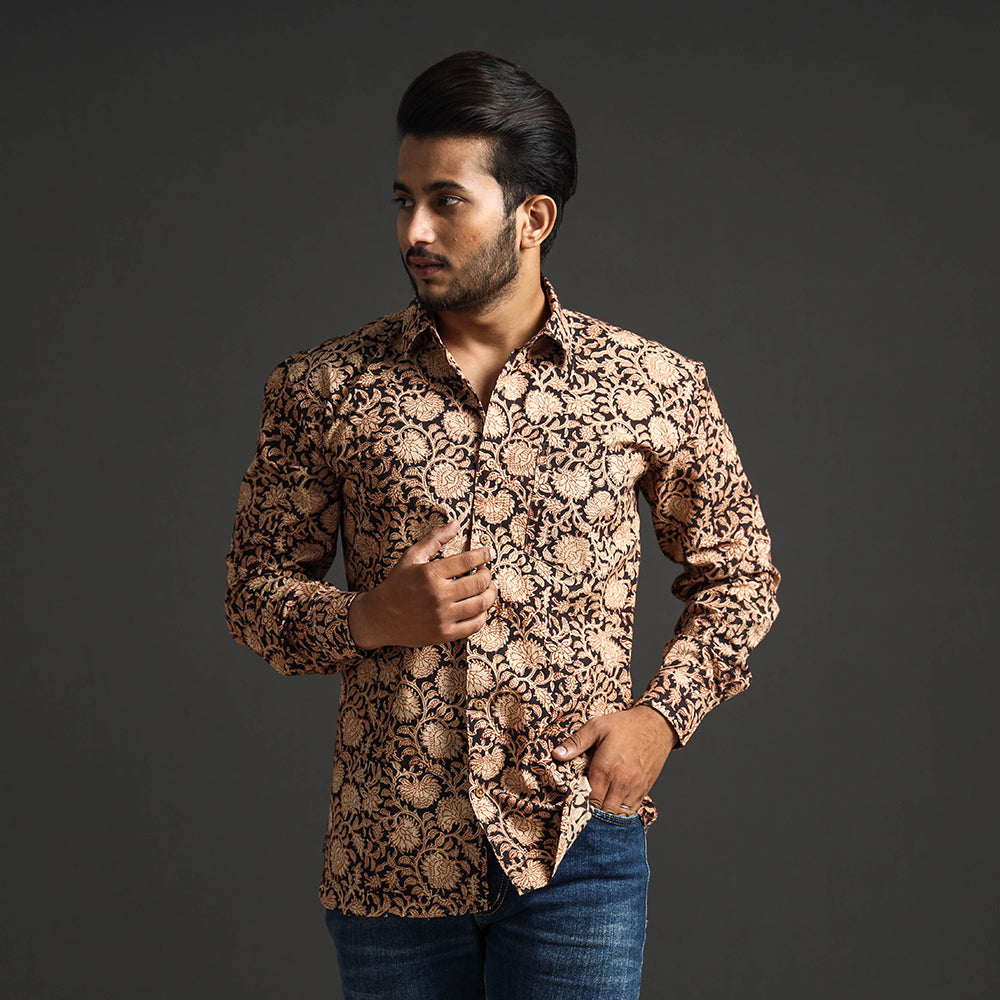 Black - Premium Pedana Kalamkari Block Printed Cotton Men Full Sleeve Shirt