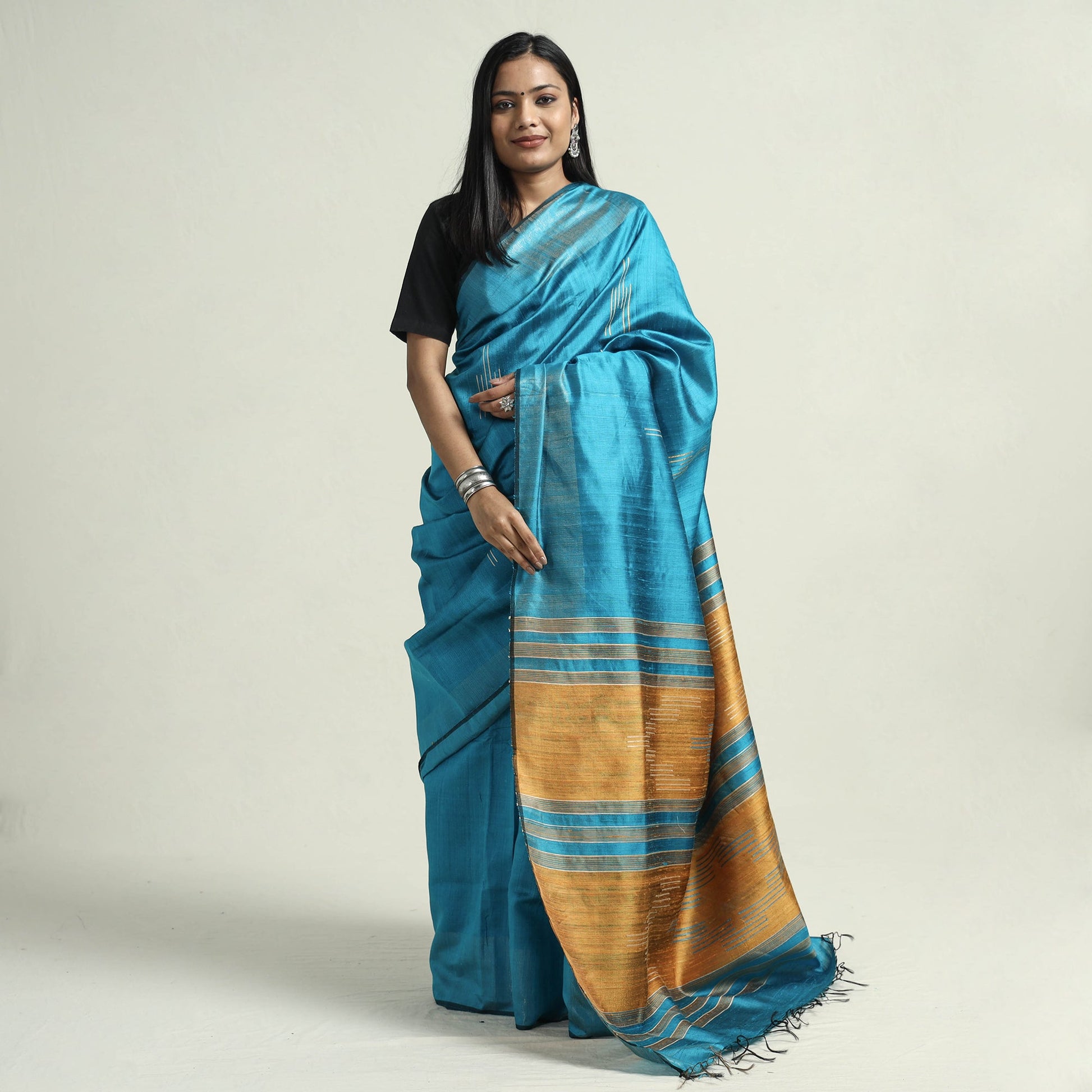 Blue - Bhagalpuri Pure Desi Tussar Silk Handloom Saree with Zari Border