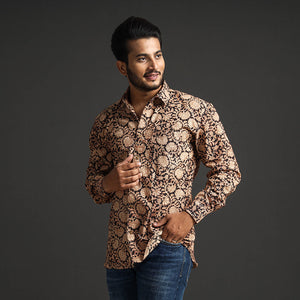 Black - Premium Pedana Kalamkari Block Printed Cotton Men Full Sleeve Shirt