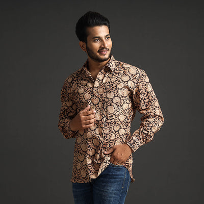 Black - Premium Pedana Kalamkari Block Printed Cotton Men Full Sleeve Shirt