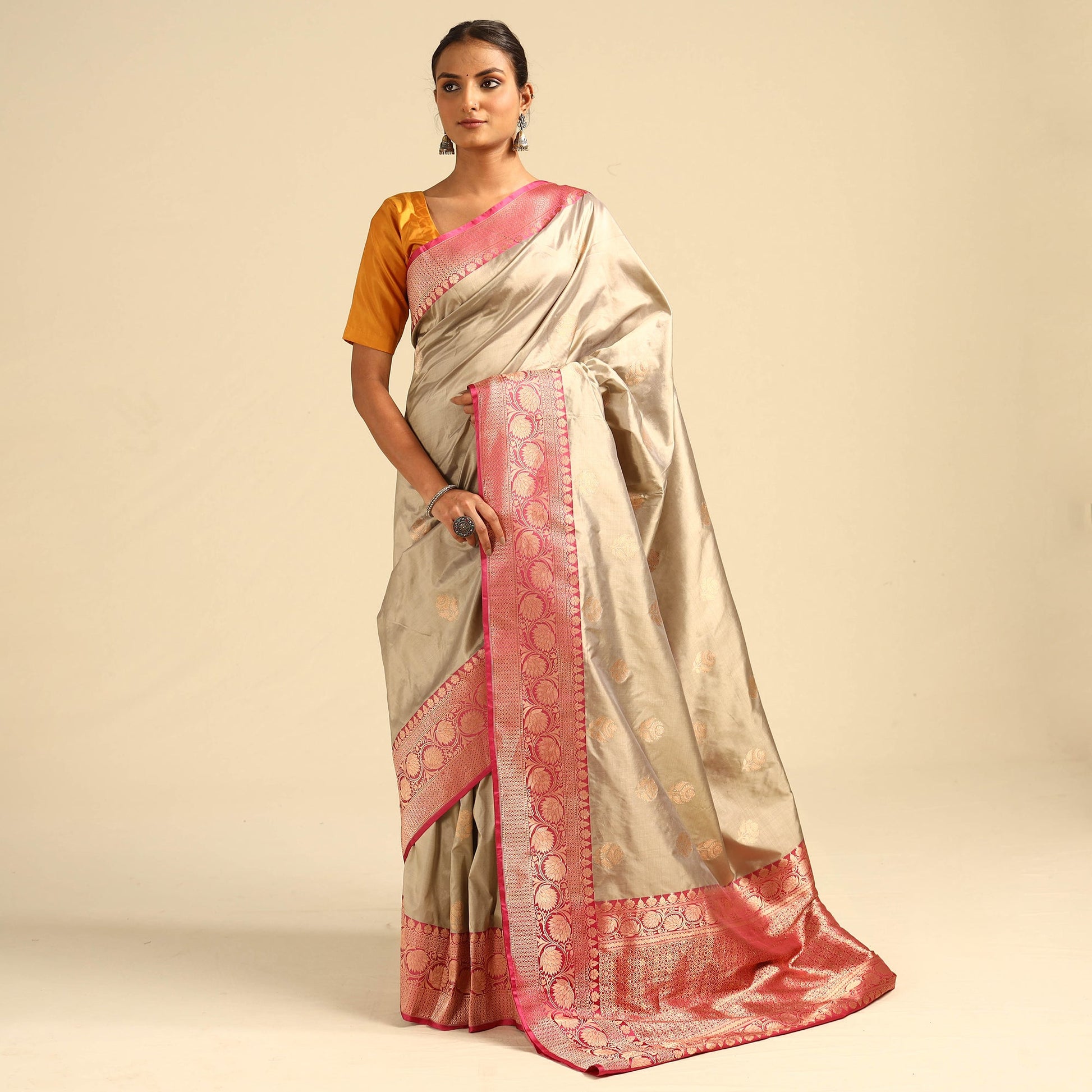 Beige - Banarasi Handloom Pure Katan Silk Kaduwa Zari Buti Saree