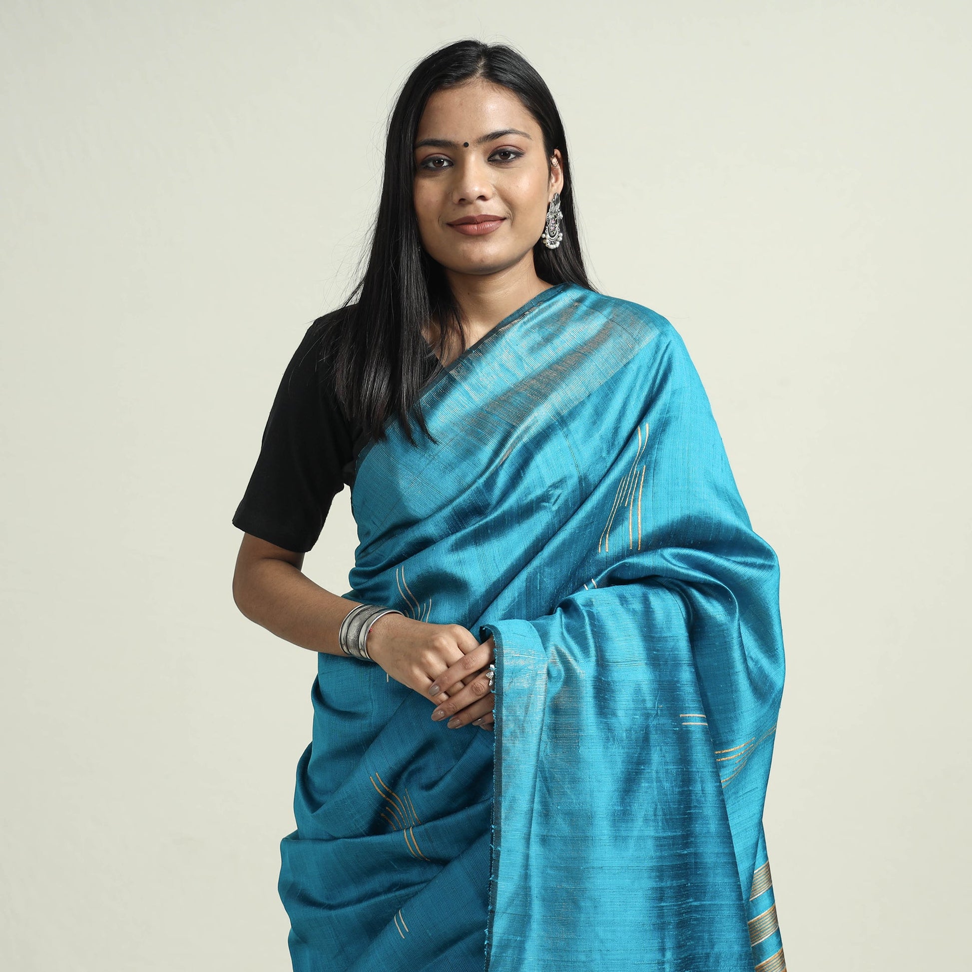 Blue - Bhagalpuri Pure Desi Tussar Silk Handloom Saree with Zari Border