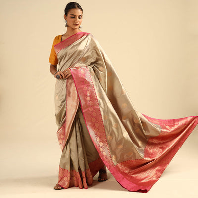 Beige - Banarasi Handloom Pure Katan Silk Kaduwa Zari Buti Saree