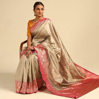 Beige - Banarasi Handloom Pure Katan Silk Kaduwa Zari Buti Saree