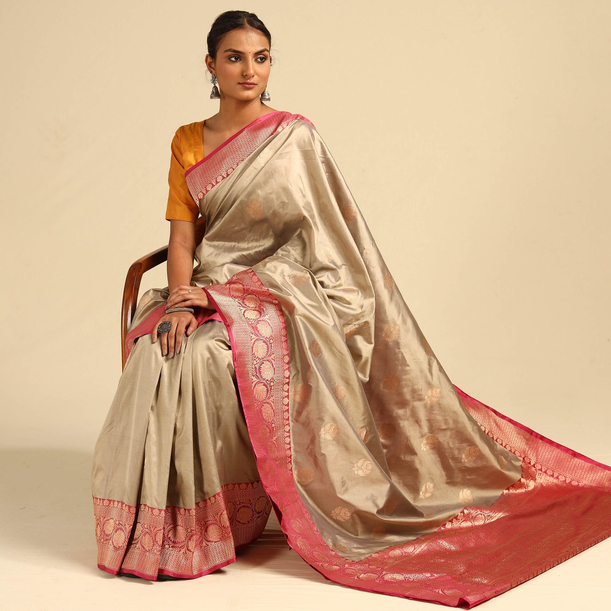 Beige - Banarasi Handloom Pure Katan Silk Kaduwa Zari Buti Saree