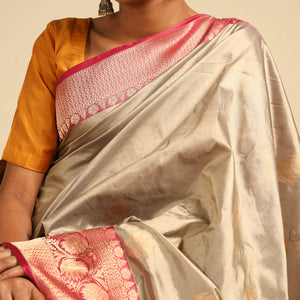 Beige - Banarasi Handloom Pure Katan Silk Kaduwa Zari Buti Saree