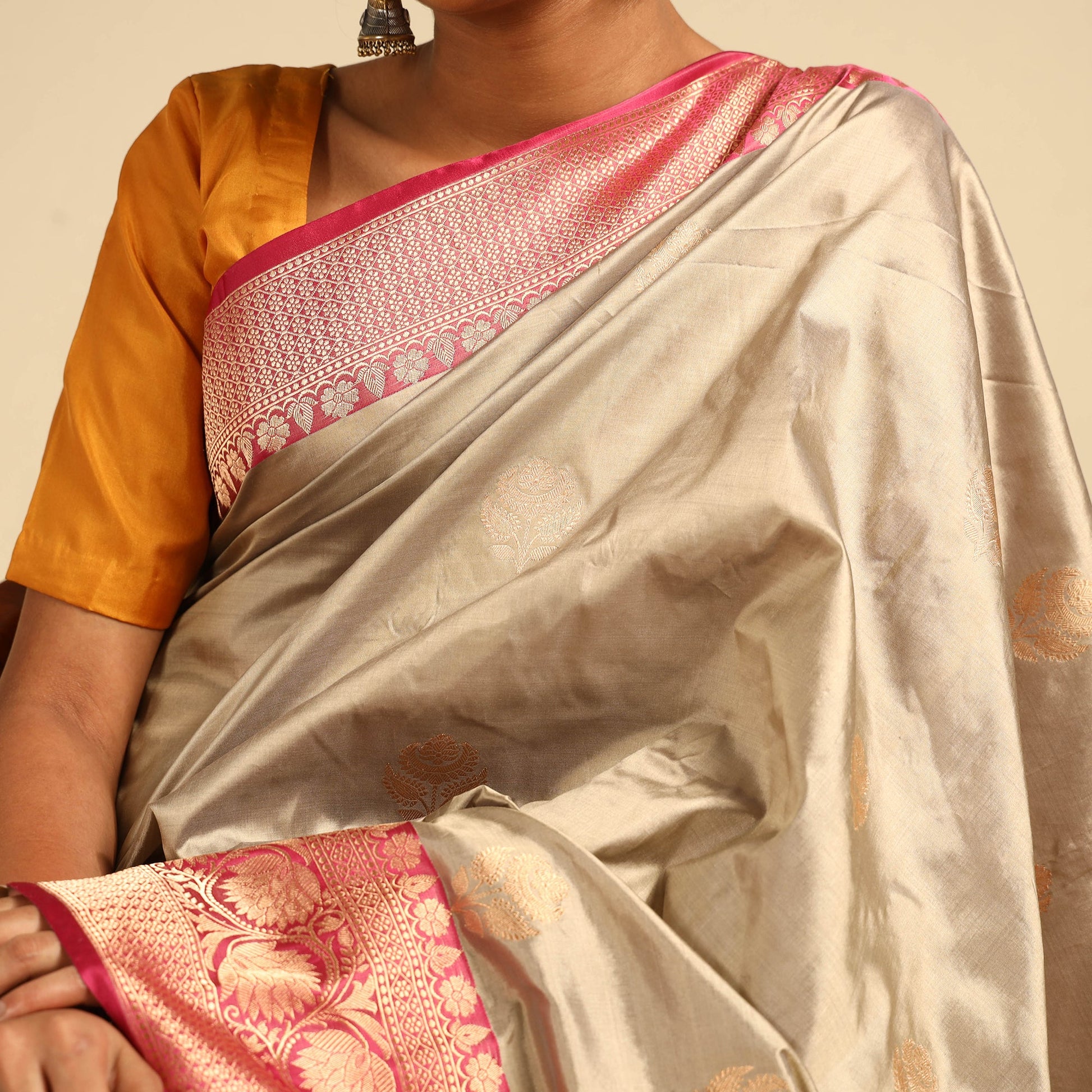 Beige - Banarasi Handloom Pure Katan Silk Kaduwa Zari Buti Saree