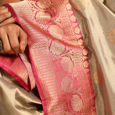 Beige - Banarasi Handloom Pure Katan Silk Kaduwa Zari Buti Saree