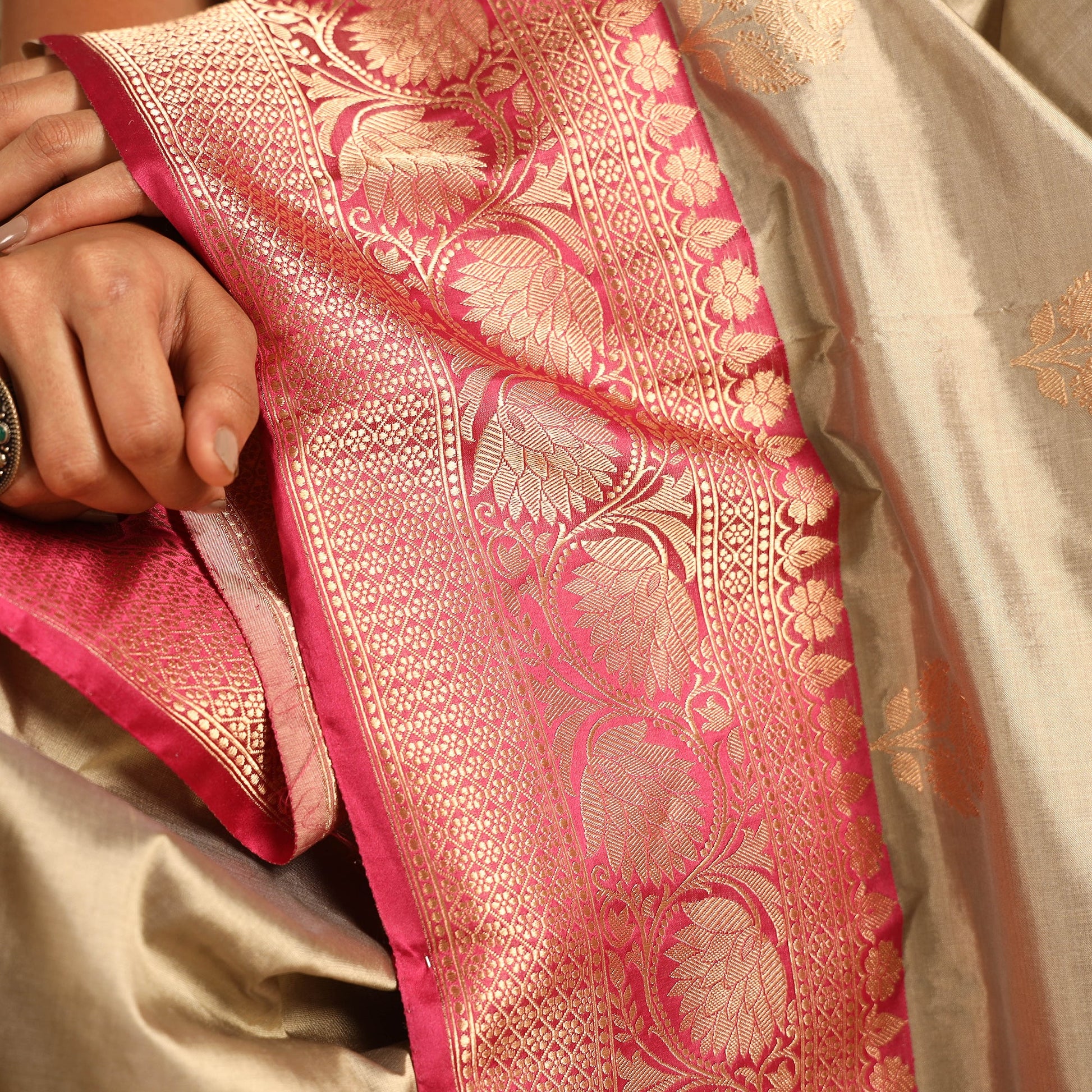 Beige - Banarasi Handloom Pure Katan Silk Kaduwa Zari Buti Saree