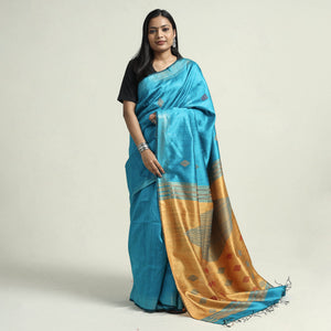 Blue - Bhagalpuri Pure Desi Tussar Silk Handloom Saree with Zari Border
