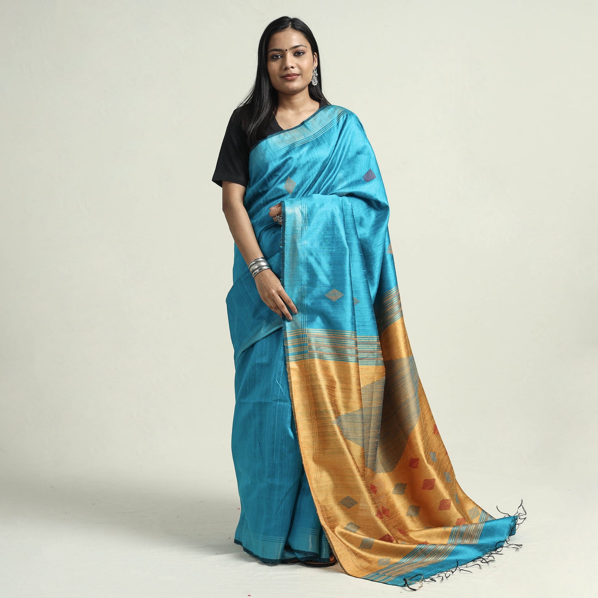 Blue - Bhagalpuri Pure Desi Tussar Silk Handloom Saree with Zari Border