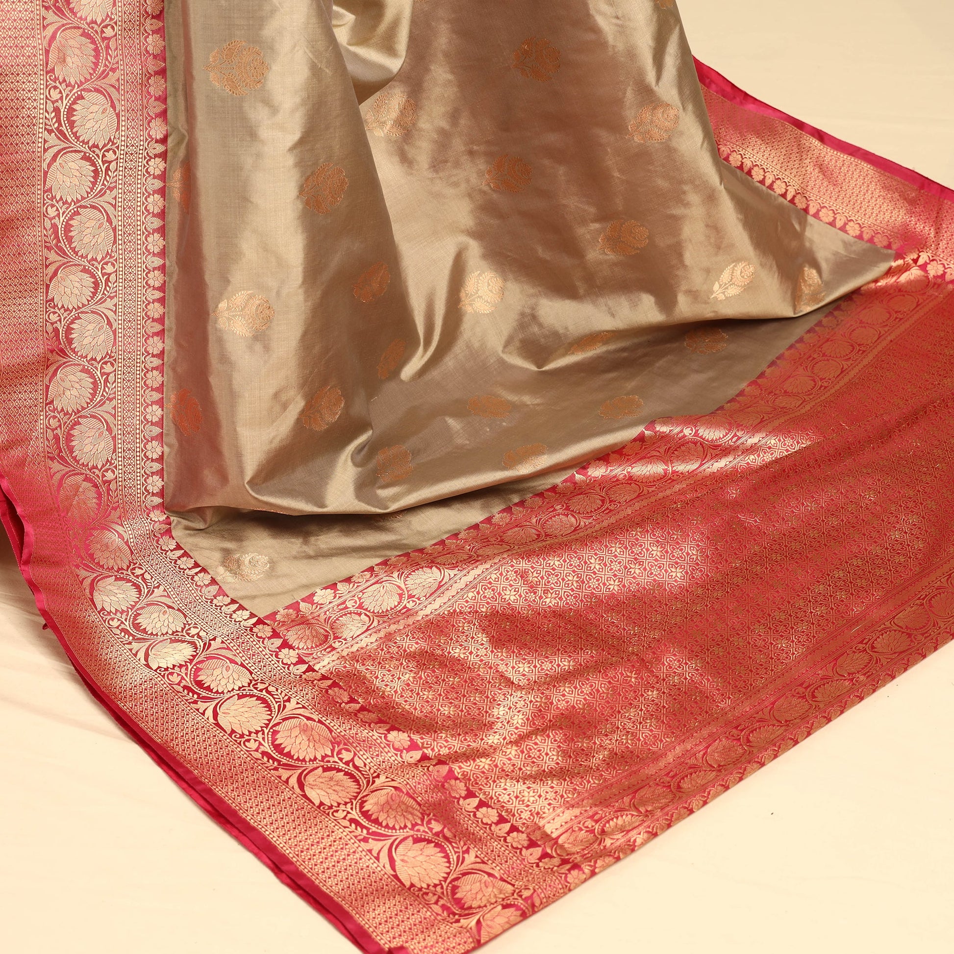 Beige - Banarasi Handloom Pure Katan Silk Kaduwa Zari Buti Saree