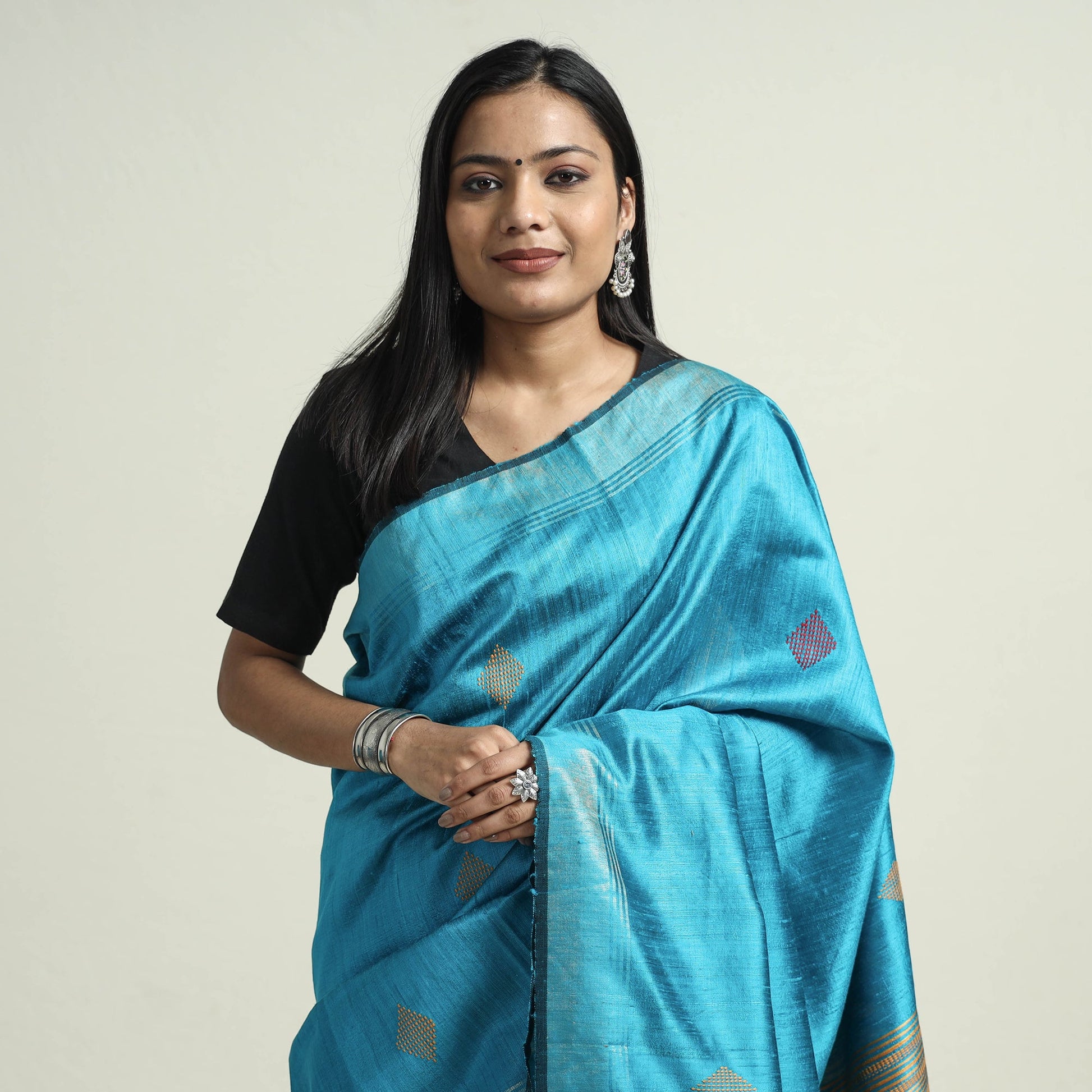 Blue - Bhagalpuri Pure Desi Tussar Silk Handloom Saree with Zari Border