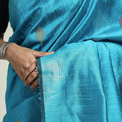 Blue - Bhagalpuri Pure Desi Tussar Silk Handloom Saree with Zari Border