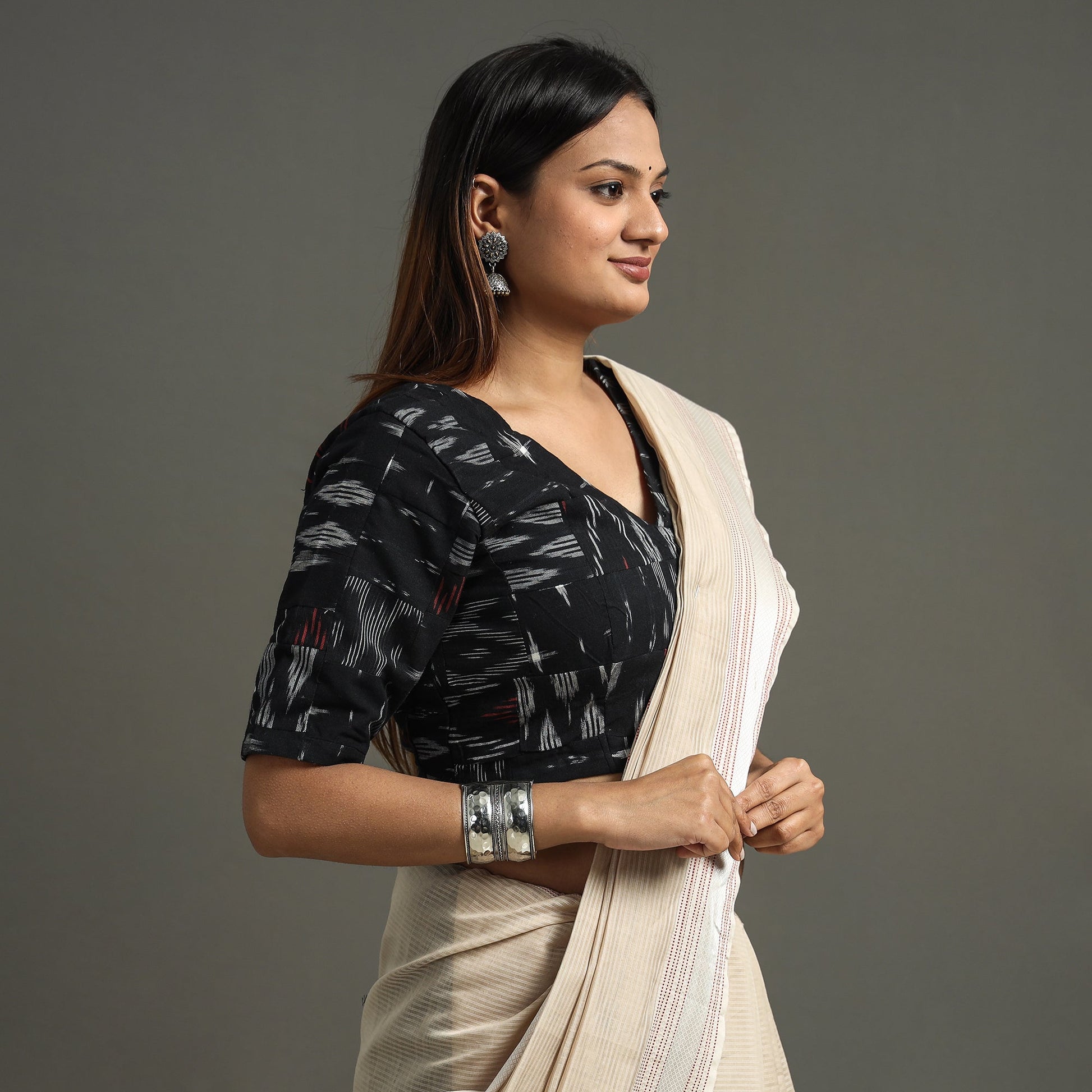 Black - Pochampally Ikat Patchwork Cotton Stitched Blouse