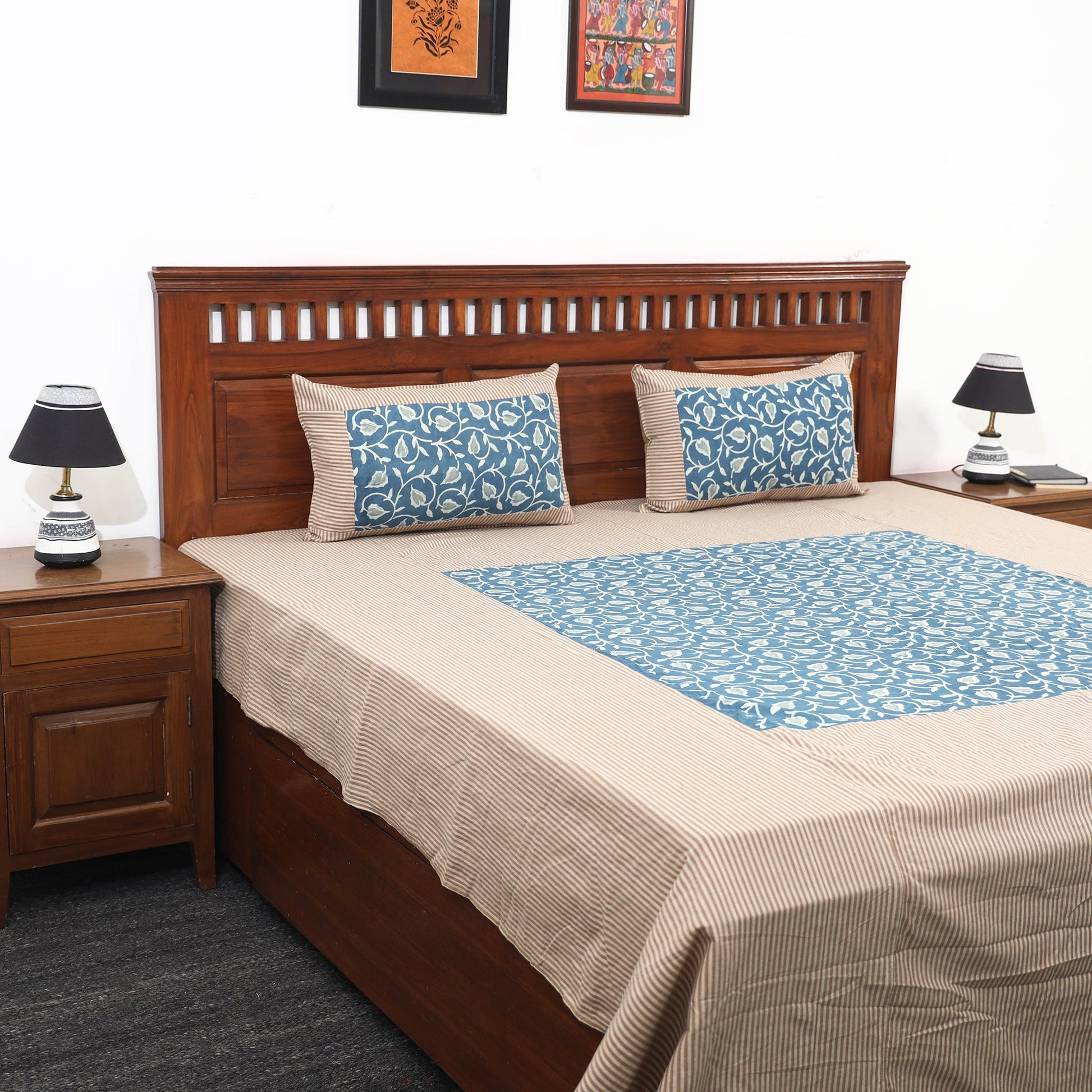 Beige - Plain Cotton Double Bed Cover with Block Print Patchwork (94 x 89 In)