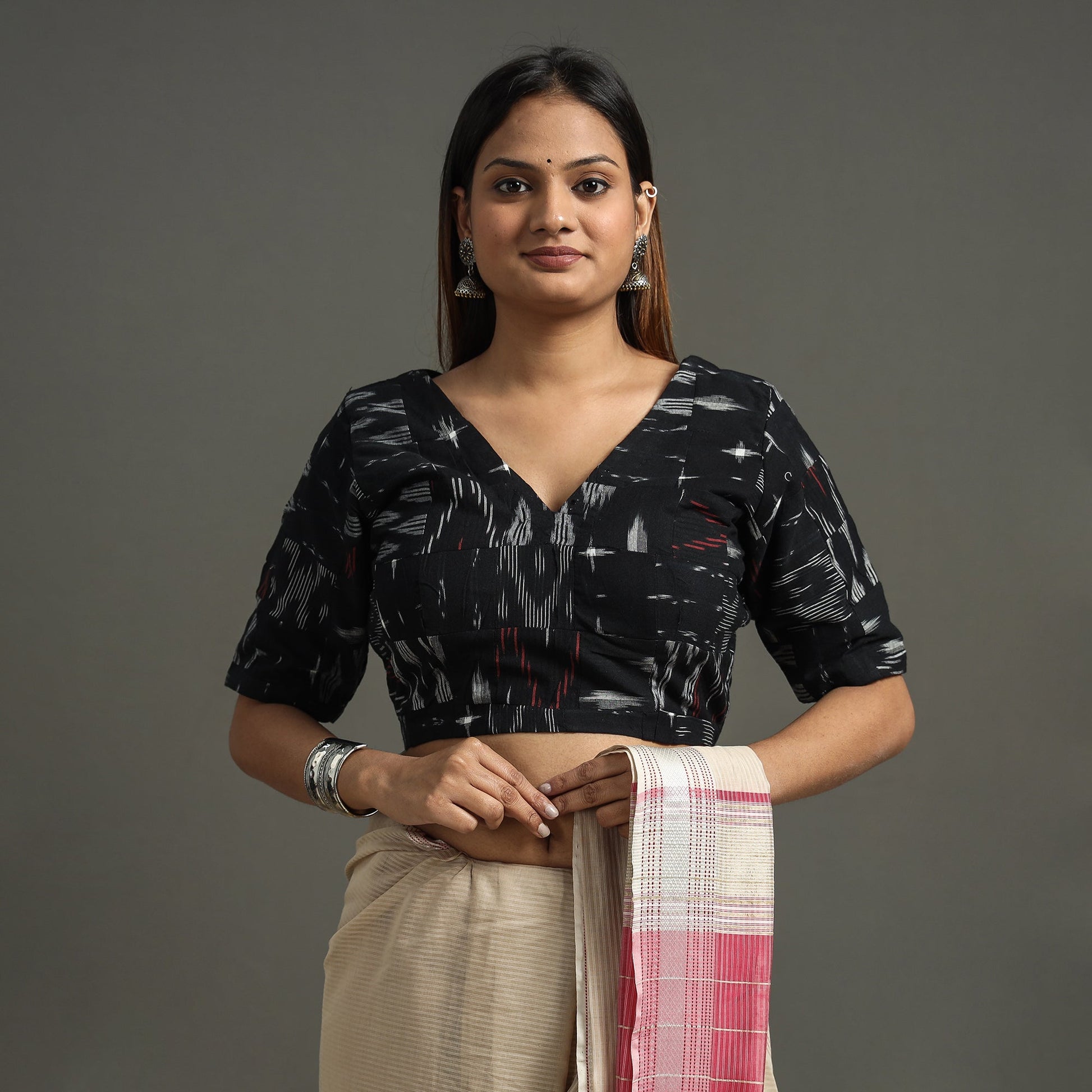 Black - Pochampally Ikat Patchwork Cotton Stitched Blouse