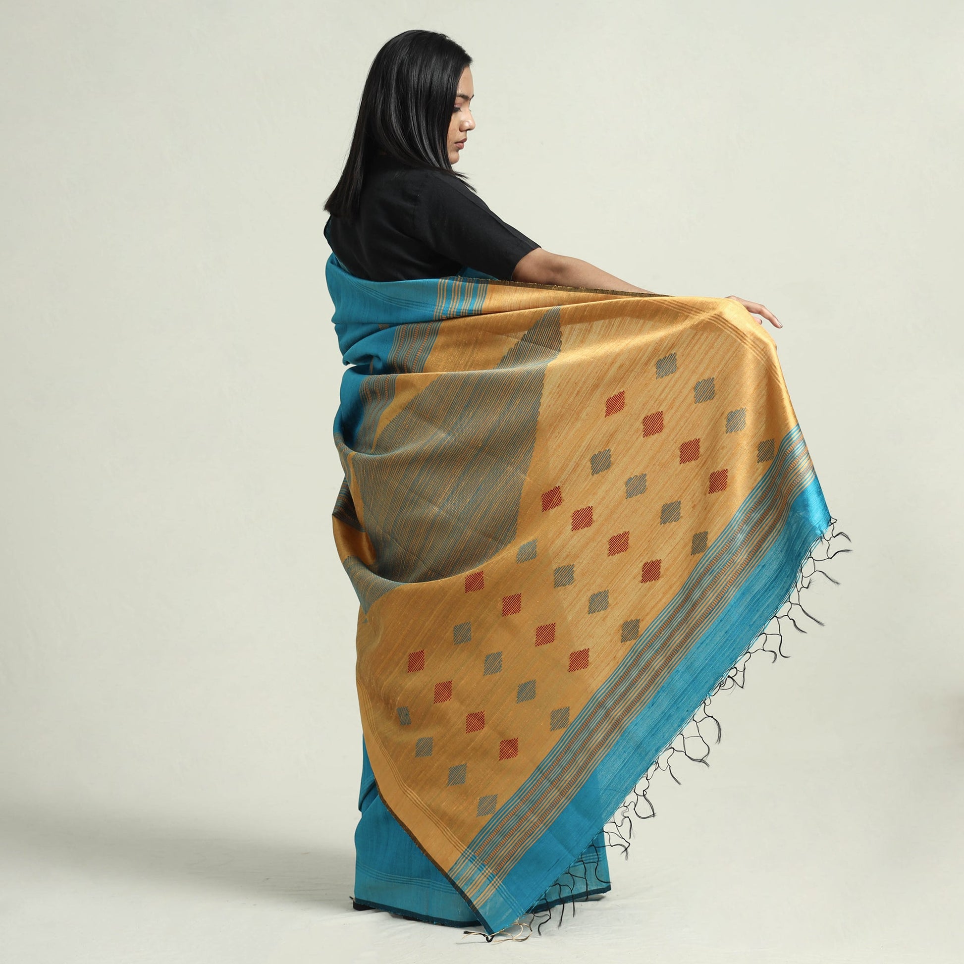 Blue - Bhagalpuri Pure Desi Tussar Silk Handloom Saree with Zari Border