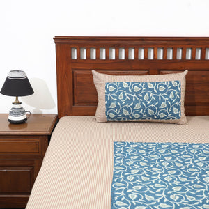 Beige - Plain Cotton Double Bed Cover with Block Print Patchwork (94 x 89 In)