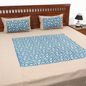 Beige - Plain Cotton Double Bed Cover with Block Print Patchwork (94 x 89 In)