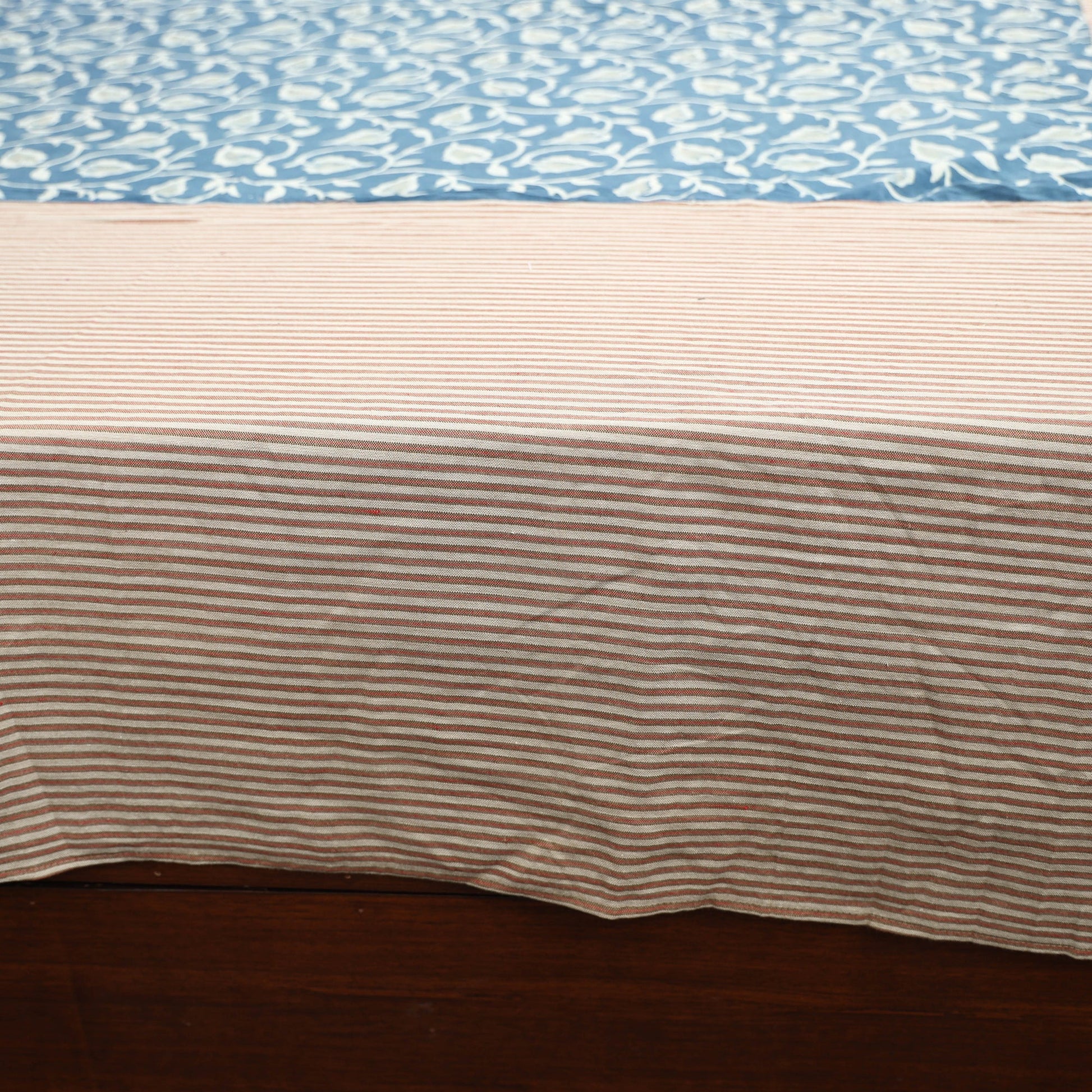 Beige - Plain Cotton Double Bed Cover with Block Print Patchwork (94 x 89 In)