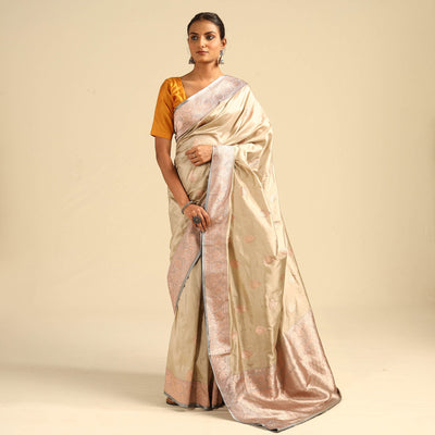 Beige - Banarasi Handloom Pure Katan Silk Kaduwa Zari Buti Saree