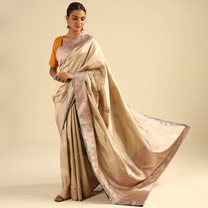 Beige - Banarasi Handloom Pure Katan Silk Kaduwa Zari Buti Saree