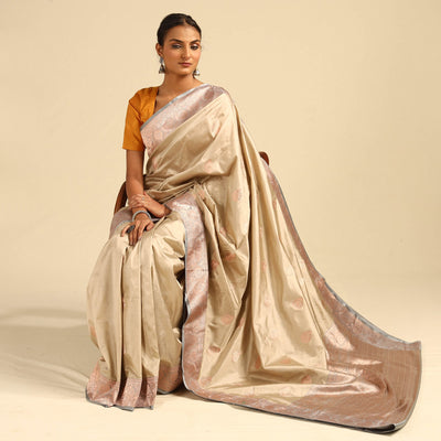 Beige - Banarasi Handloom Pure Katan Silk Kaduwa Zari Buti Saree