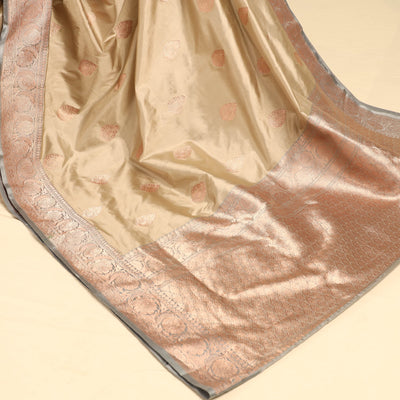 Beige - Banarasi Handloom Pure Katan Silk Kaduwa Zari Buti Saree