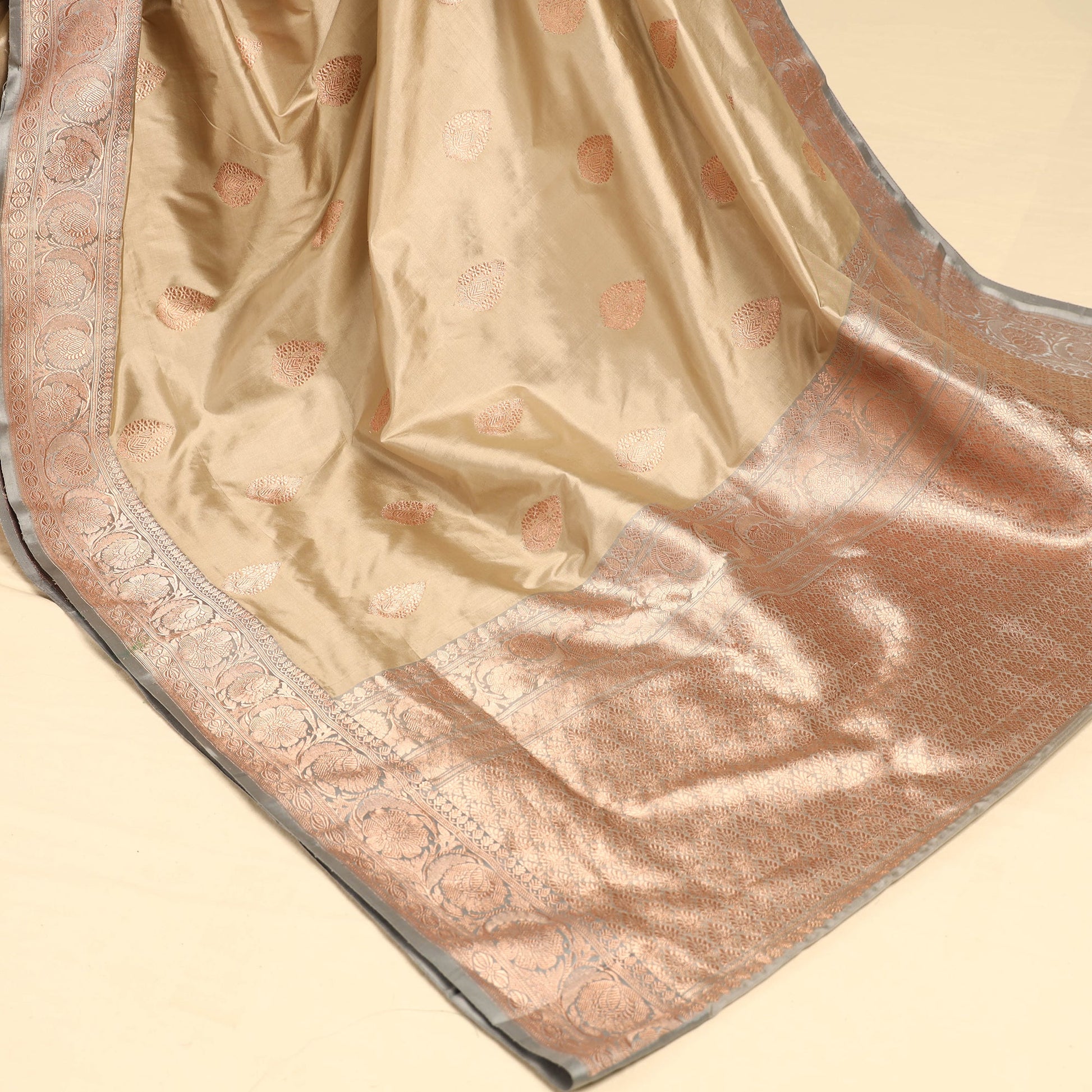 Beige - Banarasi Handloom Pure Katan Silk Kaduwa Zari Buti Saree