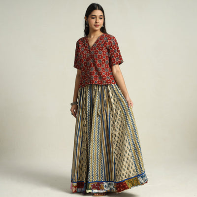 Beige - Ajrakh Block Printed 24 Kali Patchwork Cotton Long Skirt 36