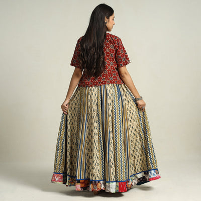 Beige - Ajrakh Block Printed 24 Kali Patchwork Cotton Long Skirt 36
