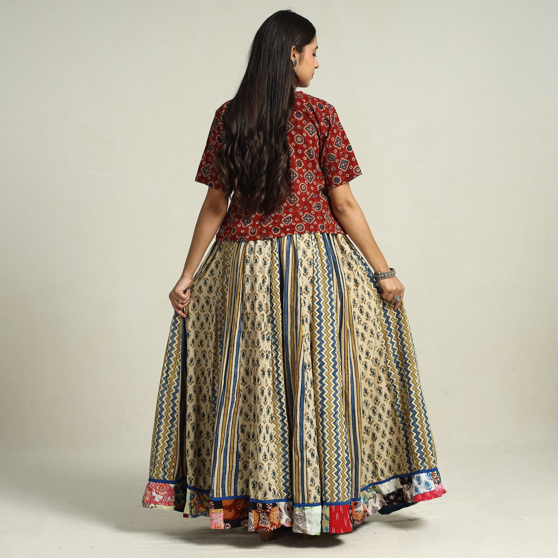 Beige - Ajrakh Block Printed 24 Kali Patchwork Cotton Long Skirt 36